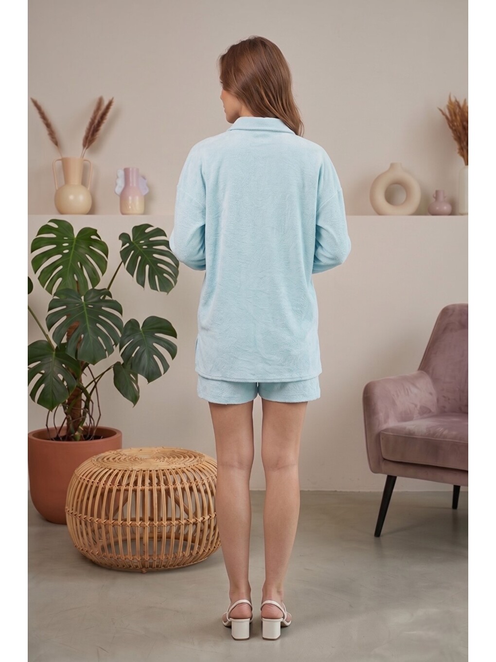 Mavi HAWAII Oversize %100 Pamuk Havlu Kumaş Hamile ve Lohusa Gömlek-3