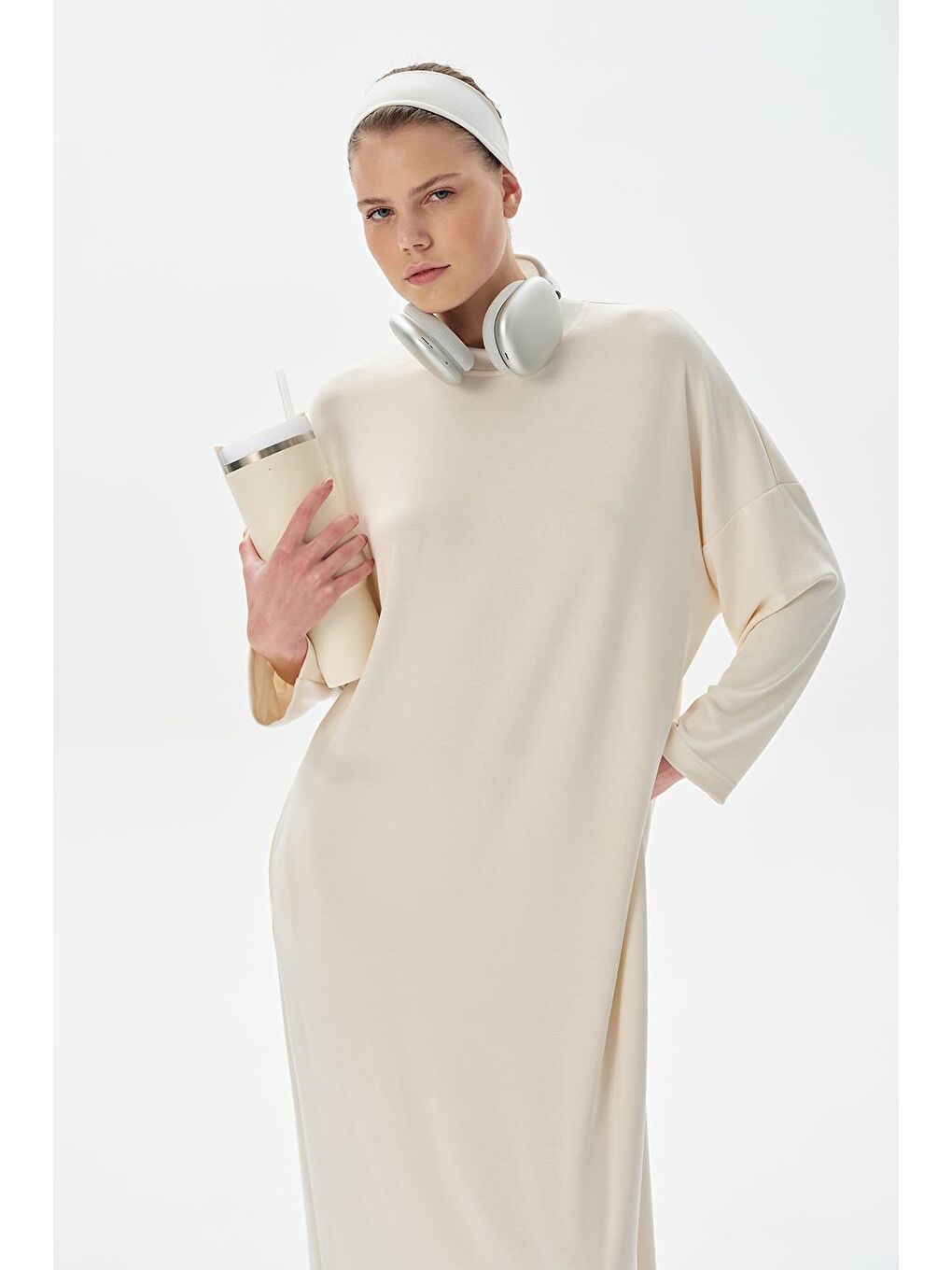 Modal Örme Uzun Basic Elbise Ekru-4