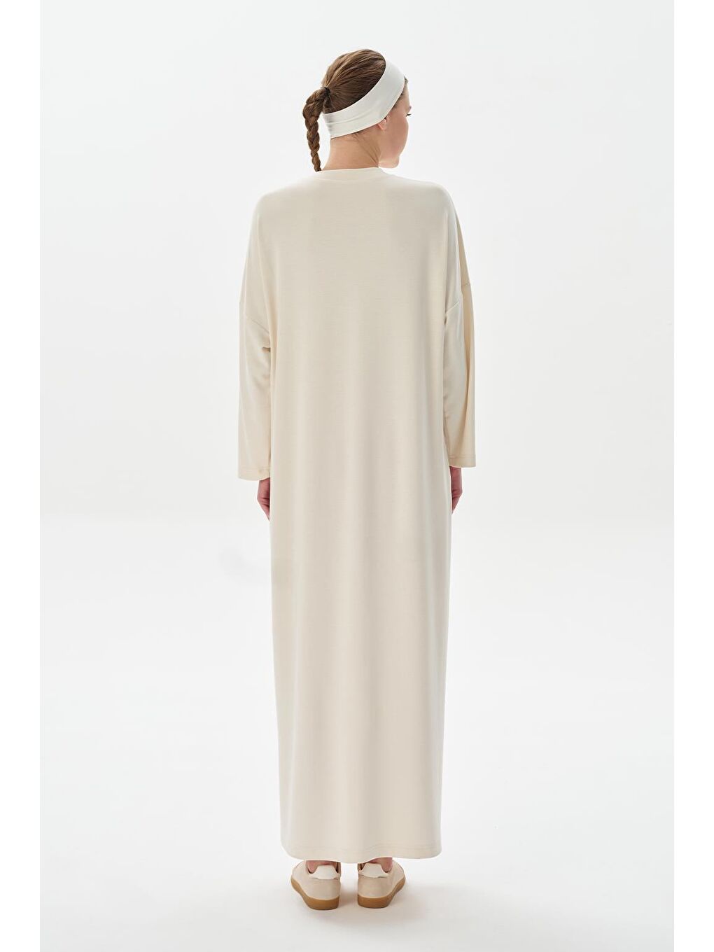 Modal Örme Uzun Basic Elbise Ekru-5
