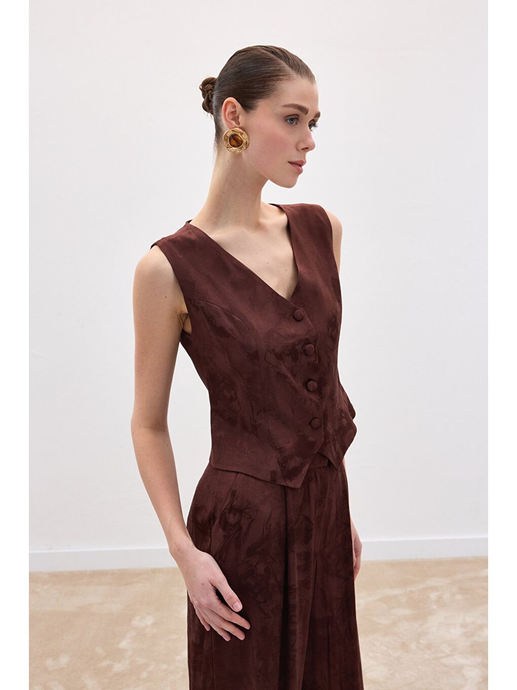 Kahverengi Jakarlı Yelek - Kahve-3