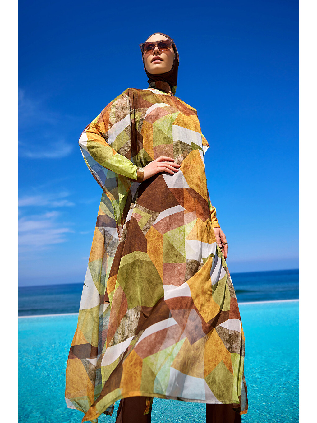 Haki Renkli Desenli İpeksi Kimono Pareo P2513-1-3