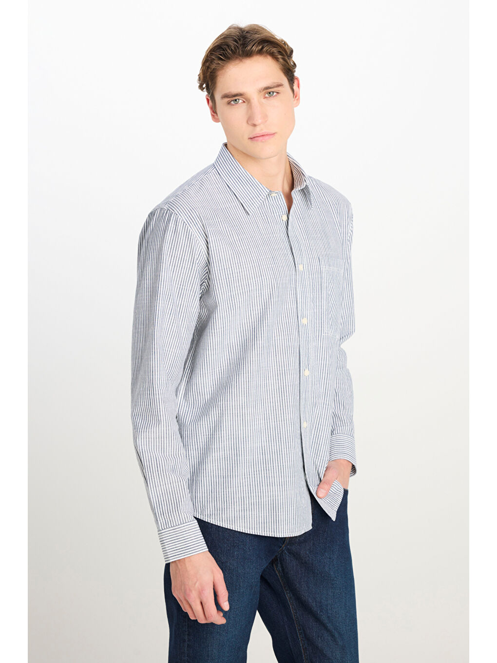 %100 Pamuk Relaxed Fit Geniş Kesim Çizgili Ekru Gömlek-1