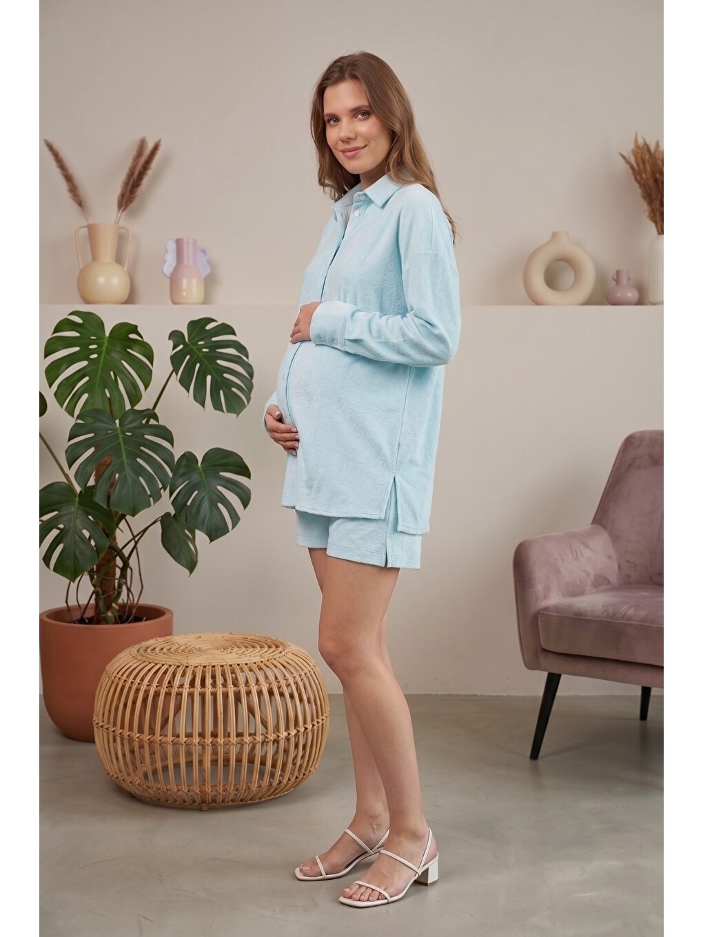 Mavi HAWAII Oversize %100 Pamuk Havlu Kumaş Hamile ve Lohusa Gömlek-4