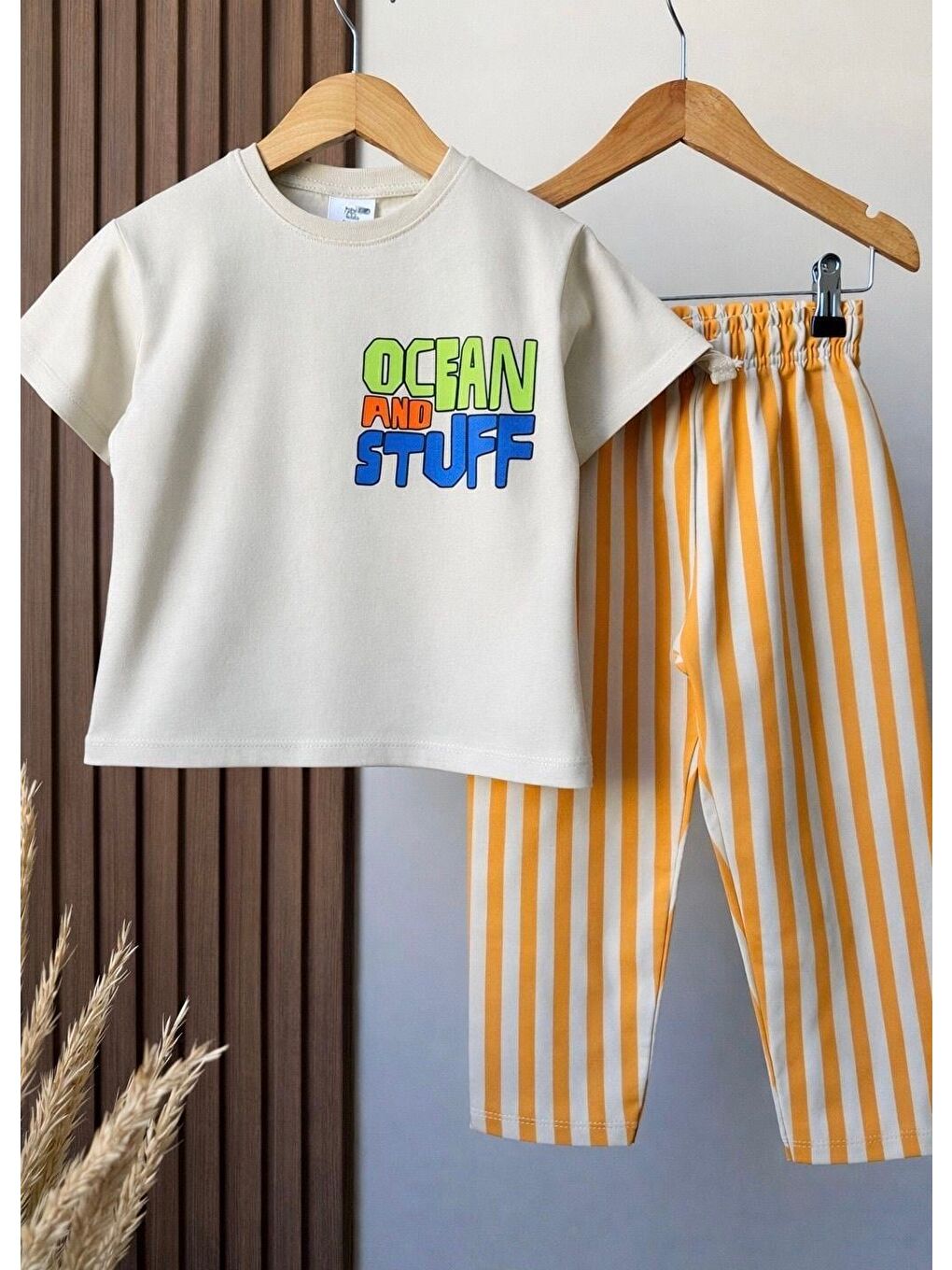 Karışık Erkek Çocuk Pamuklu Ocean Baskılı T-Shirt Çizgili Eşofman Takım-3