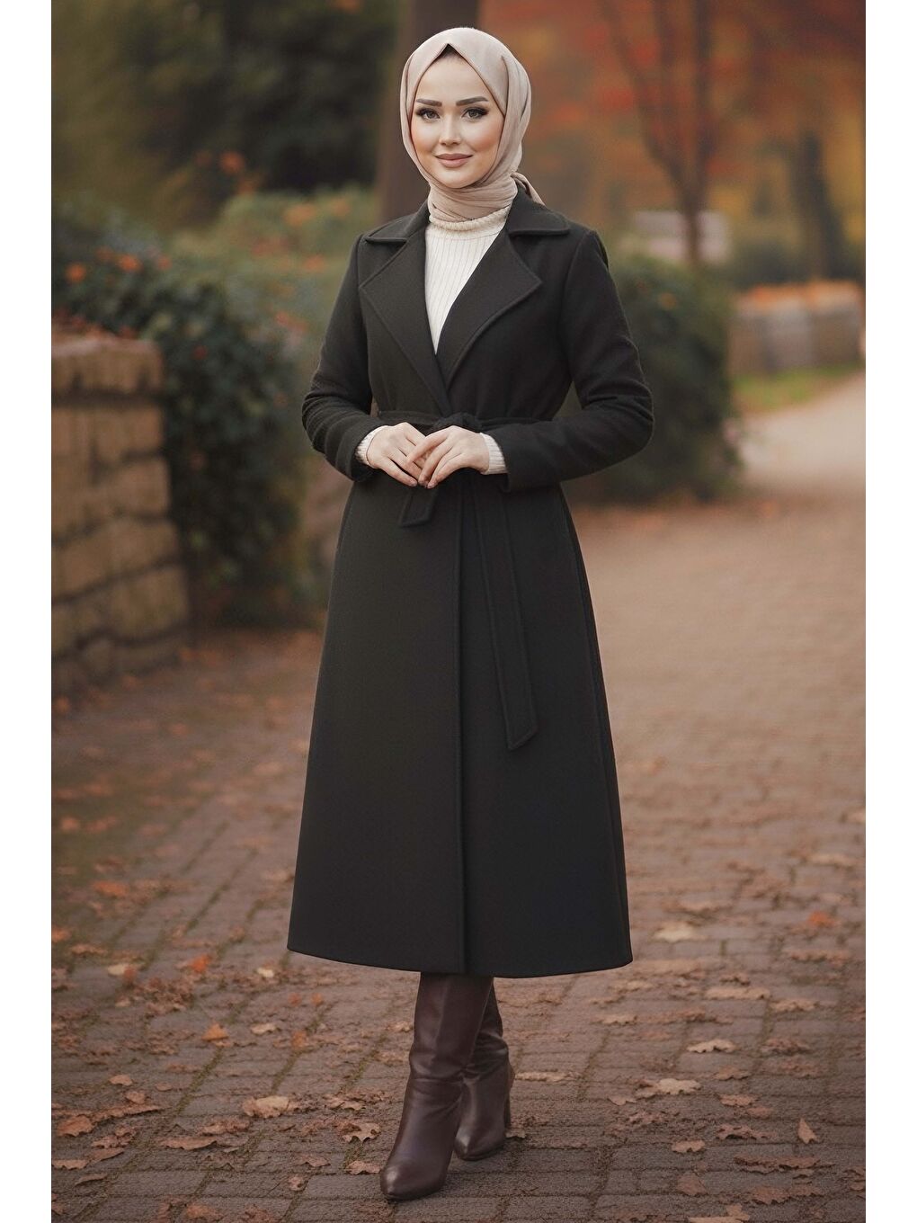 Kuşaklı Kaşe Kaban Siyah - 28009-SIYAH-2