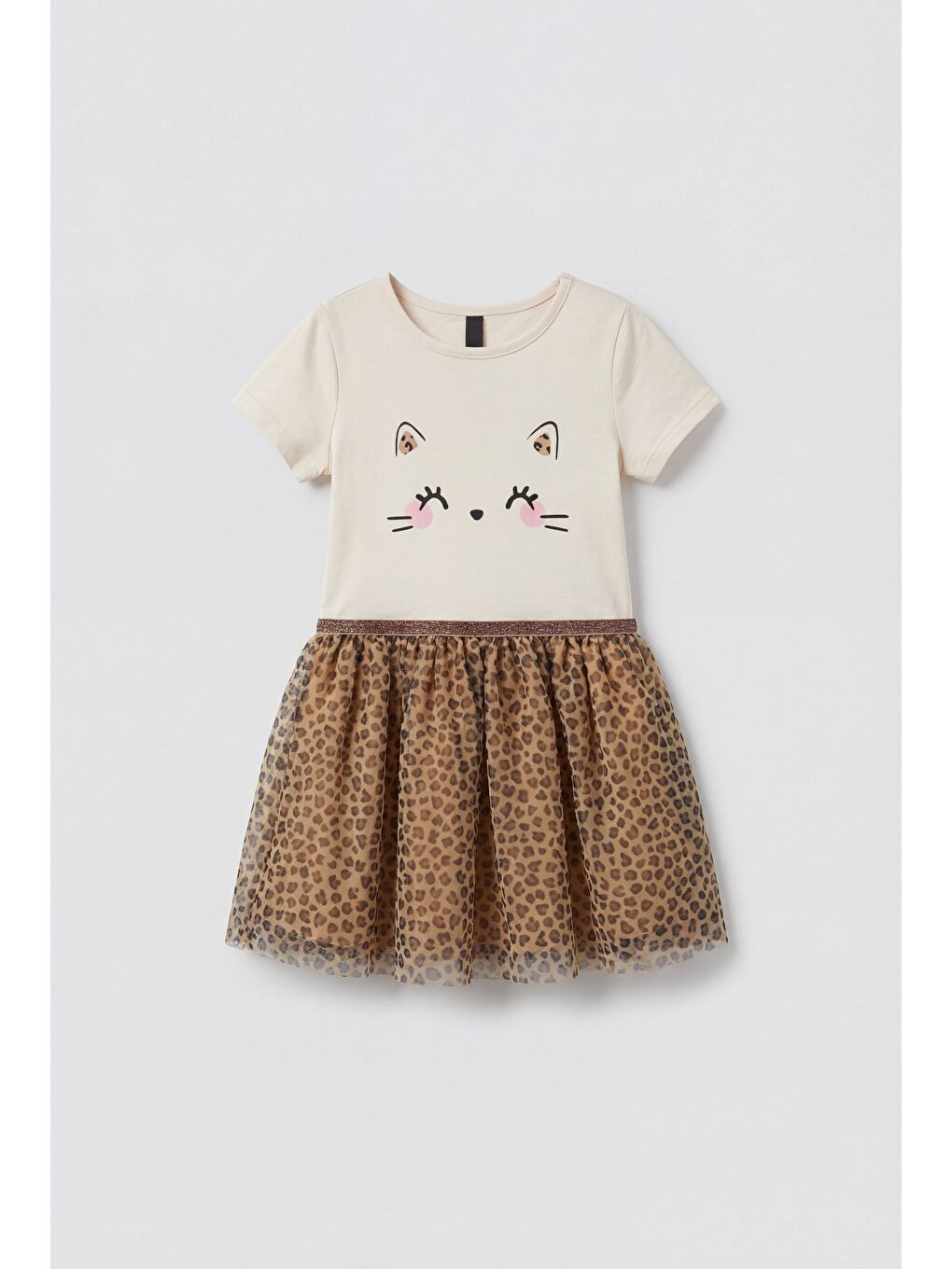 Karışık Kız Çocuk Pamuklu Ekru Kedi Baskılı Tül Elbise - Leopar Desenli