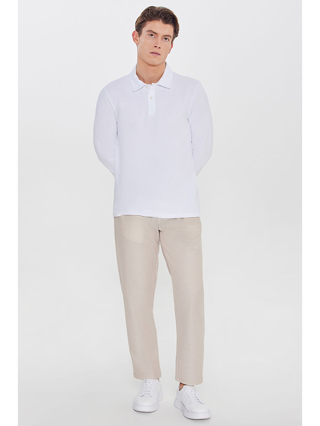 Erkek Bej Pamuklu Standart Fit Normal Kesim Beli Lastikli Diagonal Desenli Örme Pantolon-2