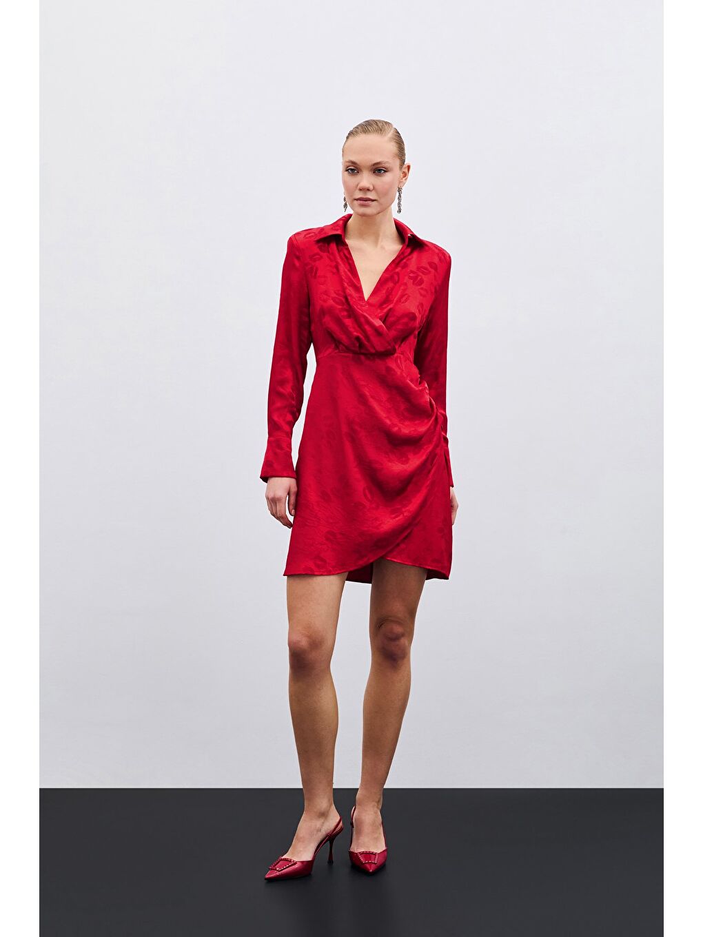 Desenli Kruvaze Elbise - Kırmızı-2