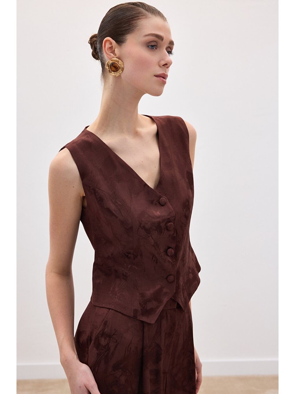 Kahverengi Jakarlı Yelek - Kahve-4