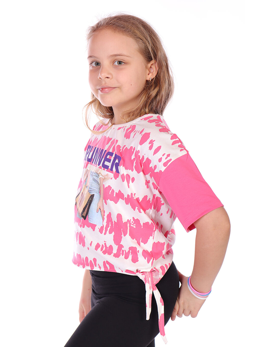 Fuşya Kız Çocuk Runner Baskılı Batikli Tişört-1