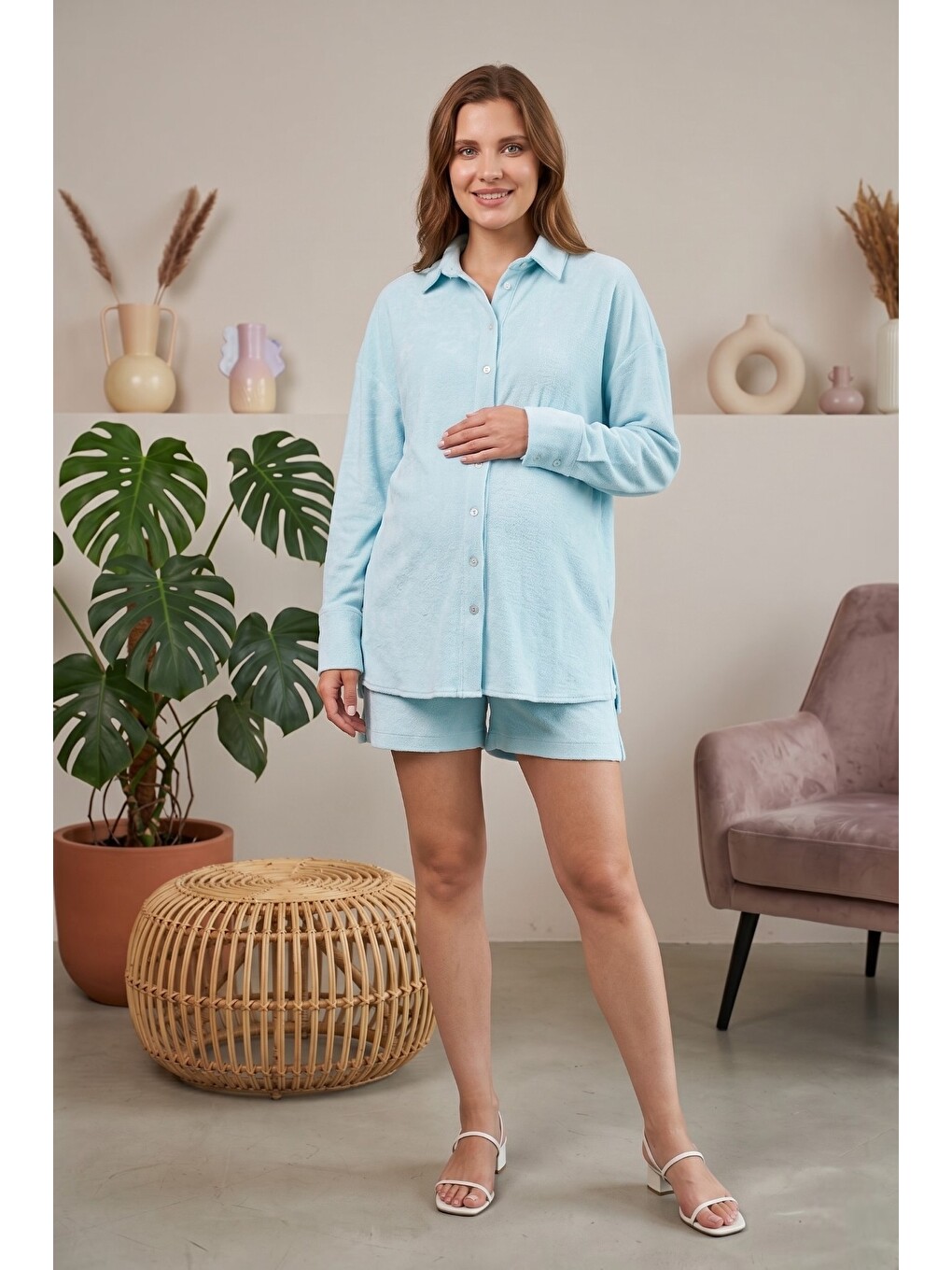 Mavi HAWAII Oversize %100 Pamuk Havlu Kumaş Hamile ve Lohusa Gömlek-5