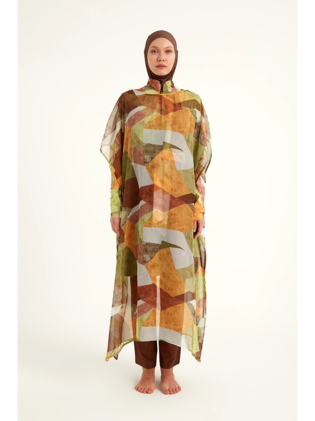 Haki Renkli Desenli İpeksi Kimono Pareo P2513-1-4