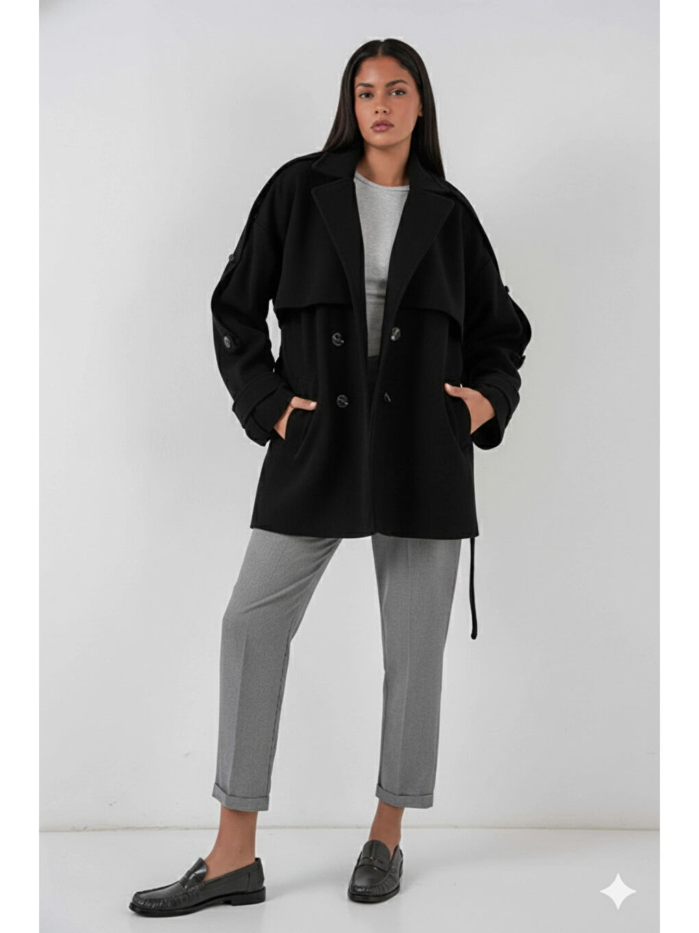 Kadın Siyah Premium Midi Boy Astarlı Kaşe Kaban HZL25W-BD191571-1