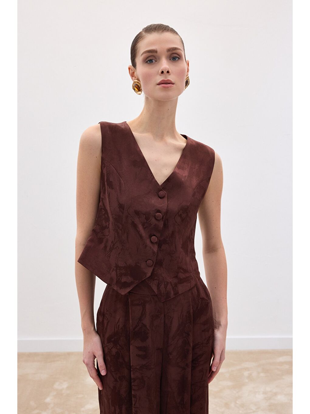 Kahverengi Jakarlı Yelek - Kahve-5