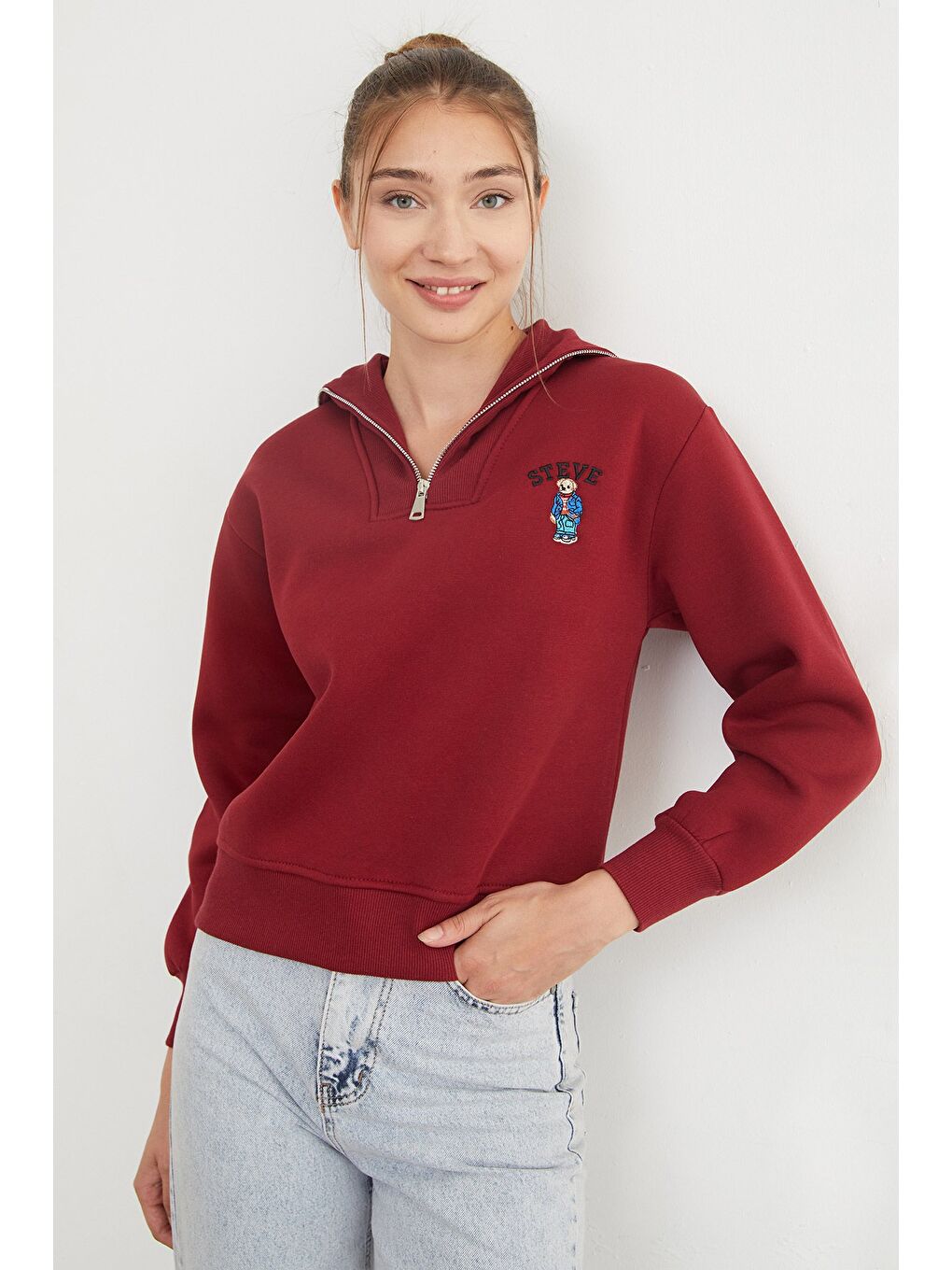 Bordo 3 İplik Ayıcık Nakışlı Yarım Fermuarlı Sweatshirt-3
