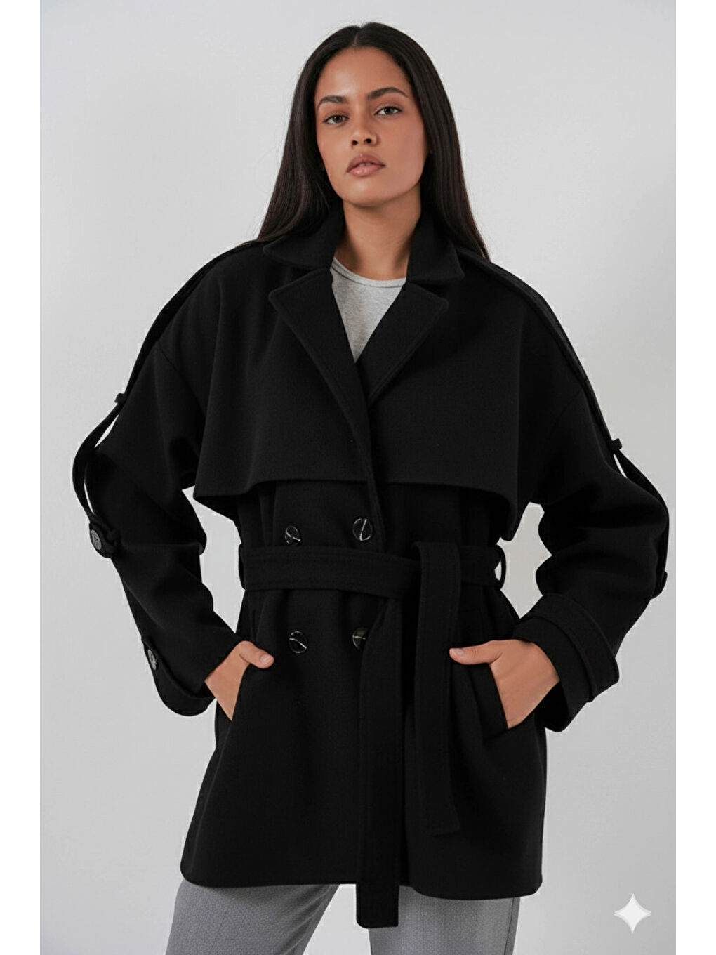 Kadın Siyah Premium Midi Boy Astarlı Kaşe Kaban HZL25W-BD191571-2