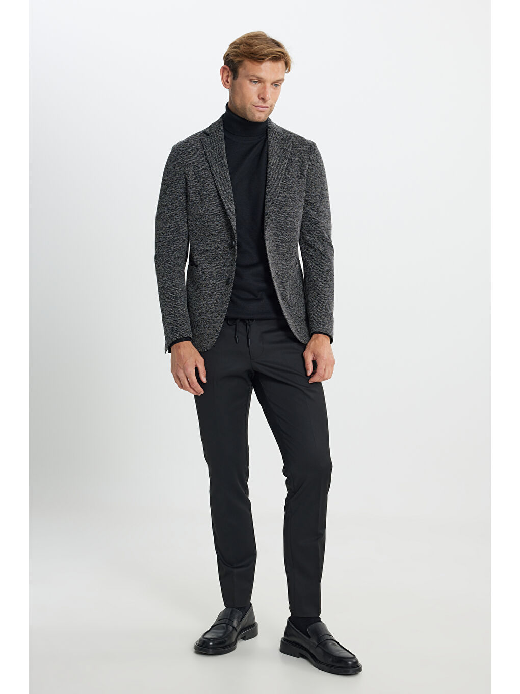 Erkek Siyah Slim Fit Dar Kesim Mono Yaka Armürlü Torba Cepli Ceket-1