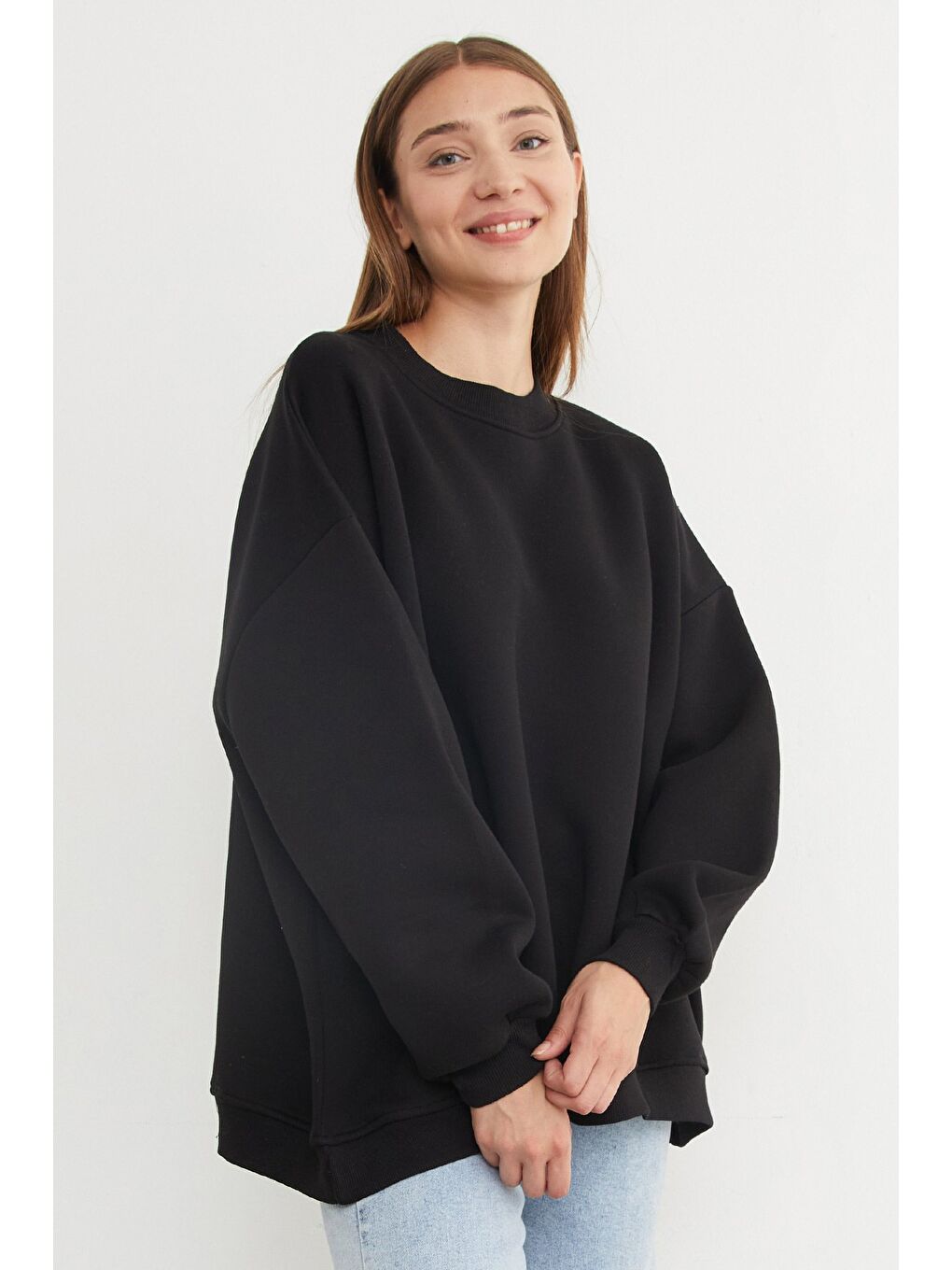 Siyah 3 İplik Basic Oversize Sweatshirt-2