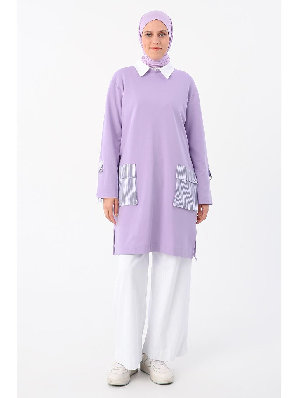 Lila Kolları Apoletli Çizgili Cepli Tunik-1