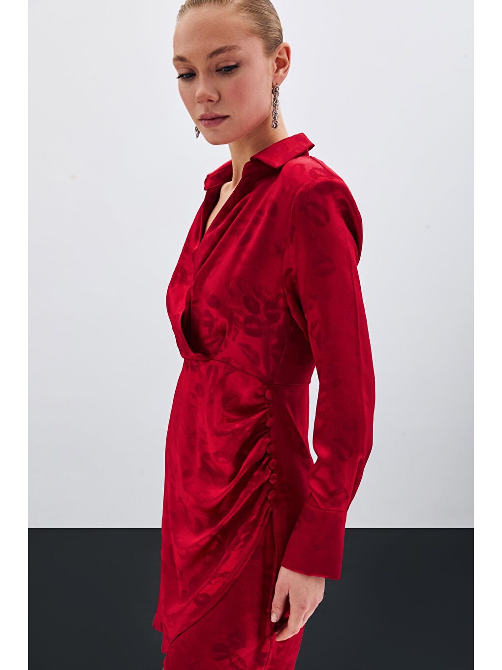 Desenli Kruvaze Elbise - Kırmızı-6