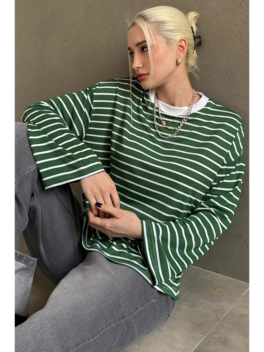 Yeşil Bisiklet Yaka Çizgili Uzun Kollu Tişört Mg2362-2