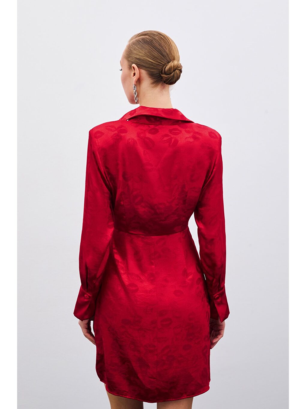 Desenli Kruvaze Elbise - Kırmızı-7