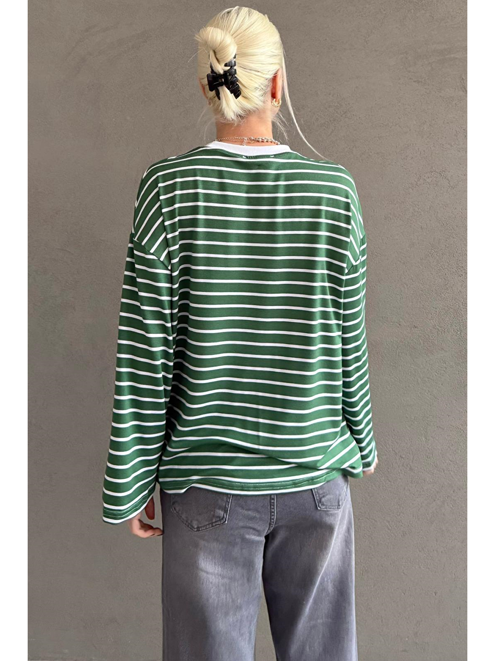 Yeşil Bisiklet Yaka Çizgili Uzun Kollu Tişört Mg2362-3