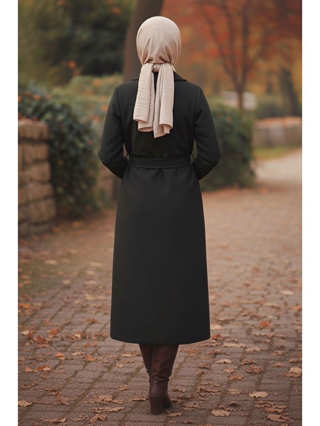 Kuşaklı Kaşe Kaban Siyah - 28009-SIYAH-3