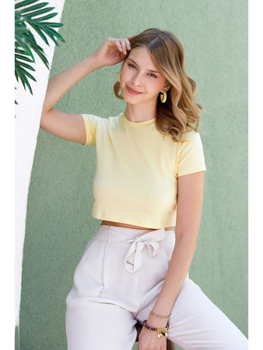 Sarı Basic Bisiklet Yaka Crop Tişört-2