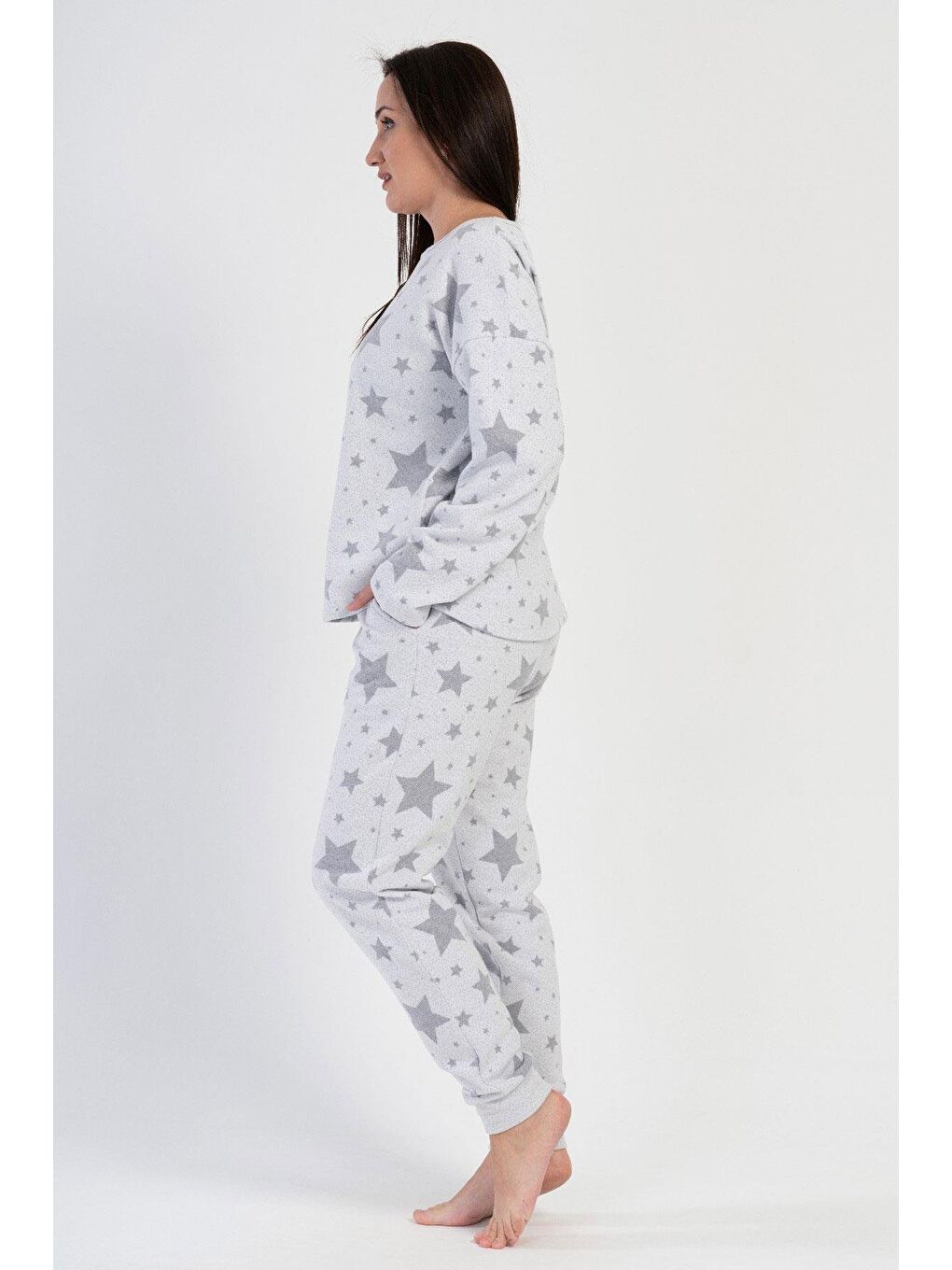 Jakarlı Kayık Yaka Düşük Omuz Uzun Kol Cepli Pijama Takım 402033 Gri-1