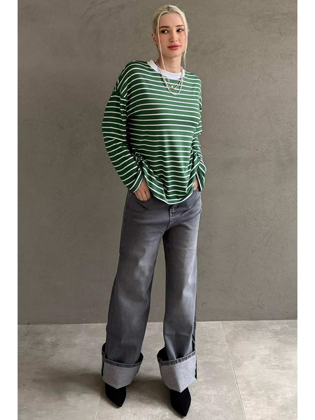 Yeşil Bisiklet Yaka Çizgili Uzun Kollu Tişört Mg2362-4