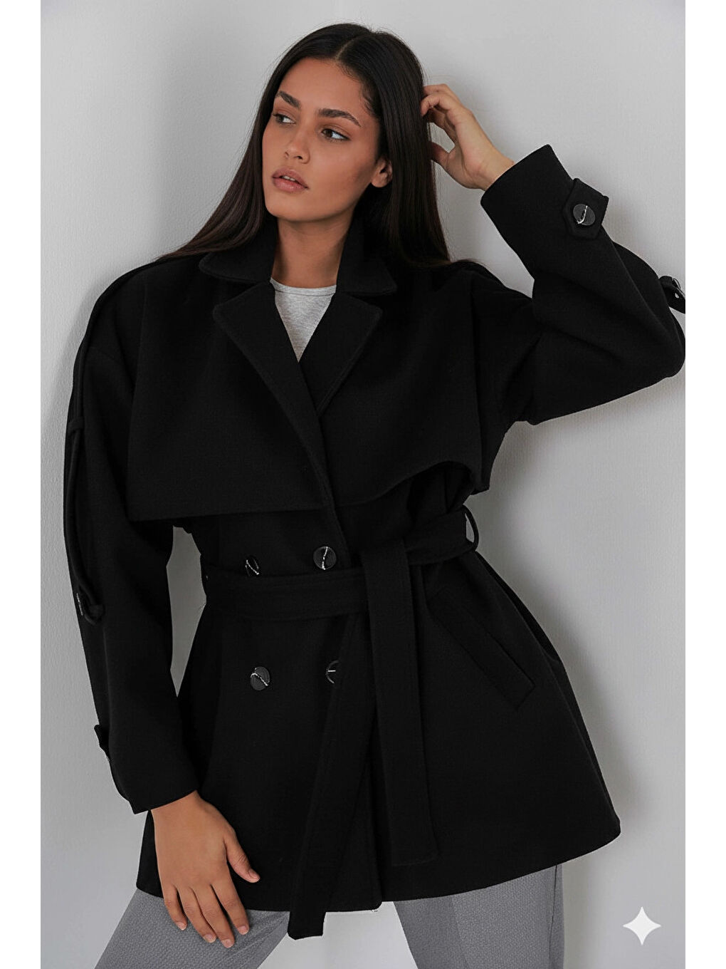 Kadın Siyah Premium Midi Boy Astarlı Kaşe Kaban HZL25W-BD191571-4