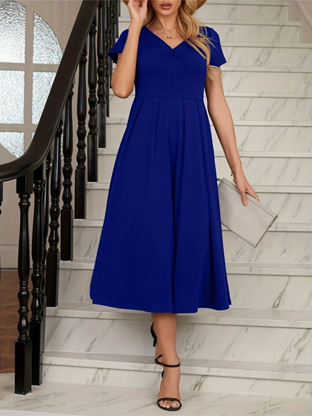 Mavi Kadın Kısa Kollu V Yakalı önden Pileli Midi Janjan Krep Elbise-2