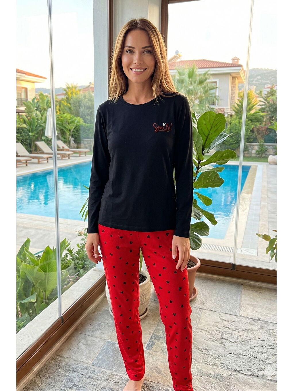 Kadın Kalp Desenli Saphire Pijama Takımı 0549-1 Siyah12-1