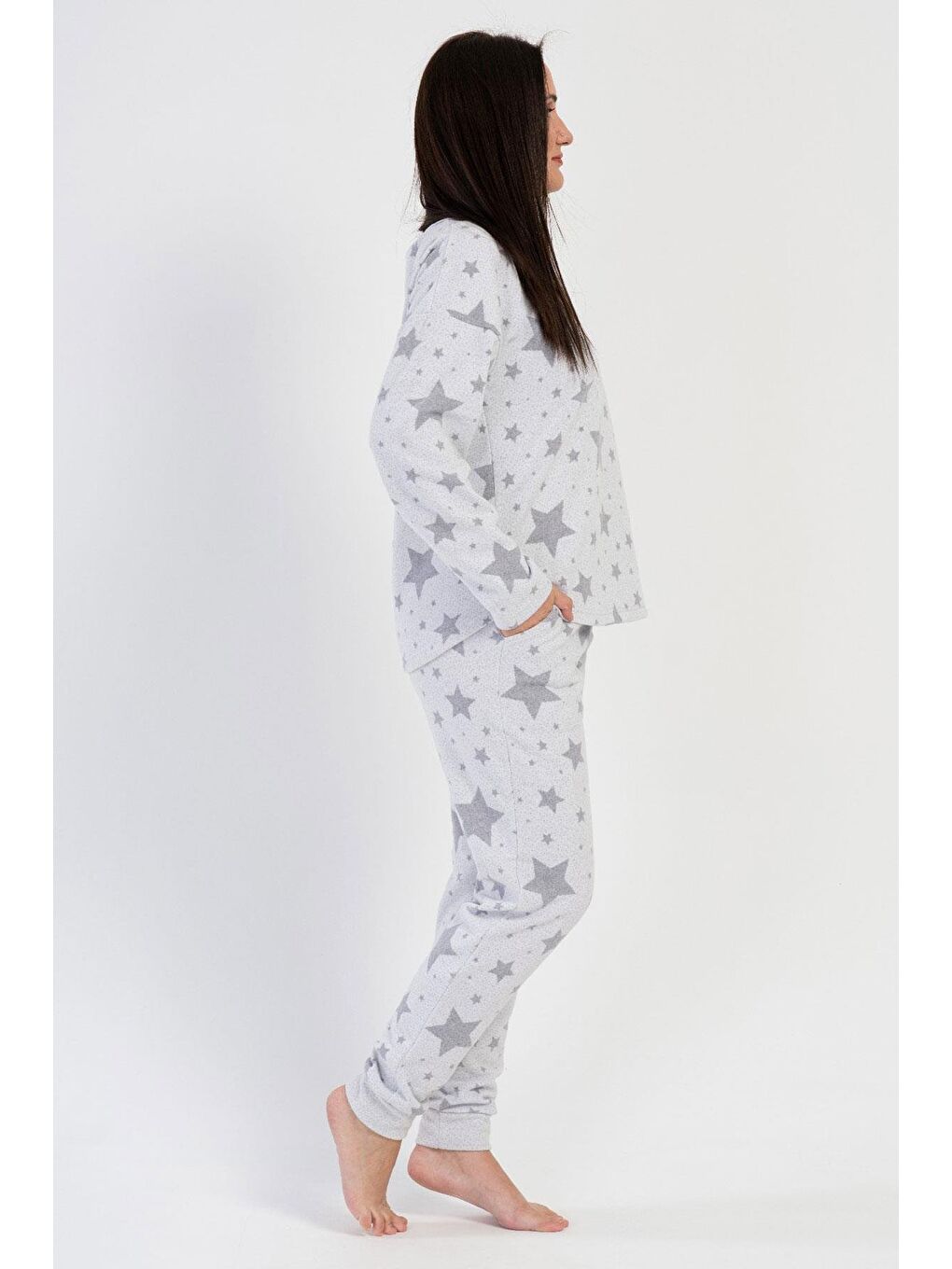 Jakarlı Kayık Yaka Düşük Omuz Uzun Kol Cepli Pijama Takım 402033 Gri-2