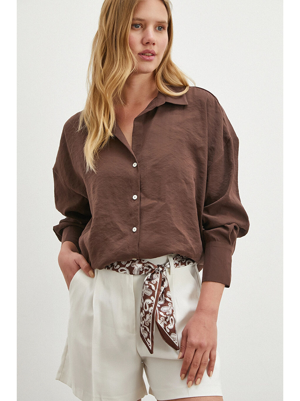 Kahverengi Basic Modal Gömlek Koyu Kahve-3