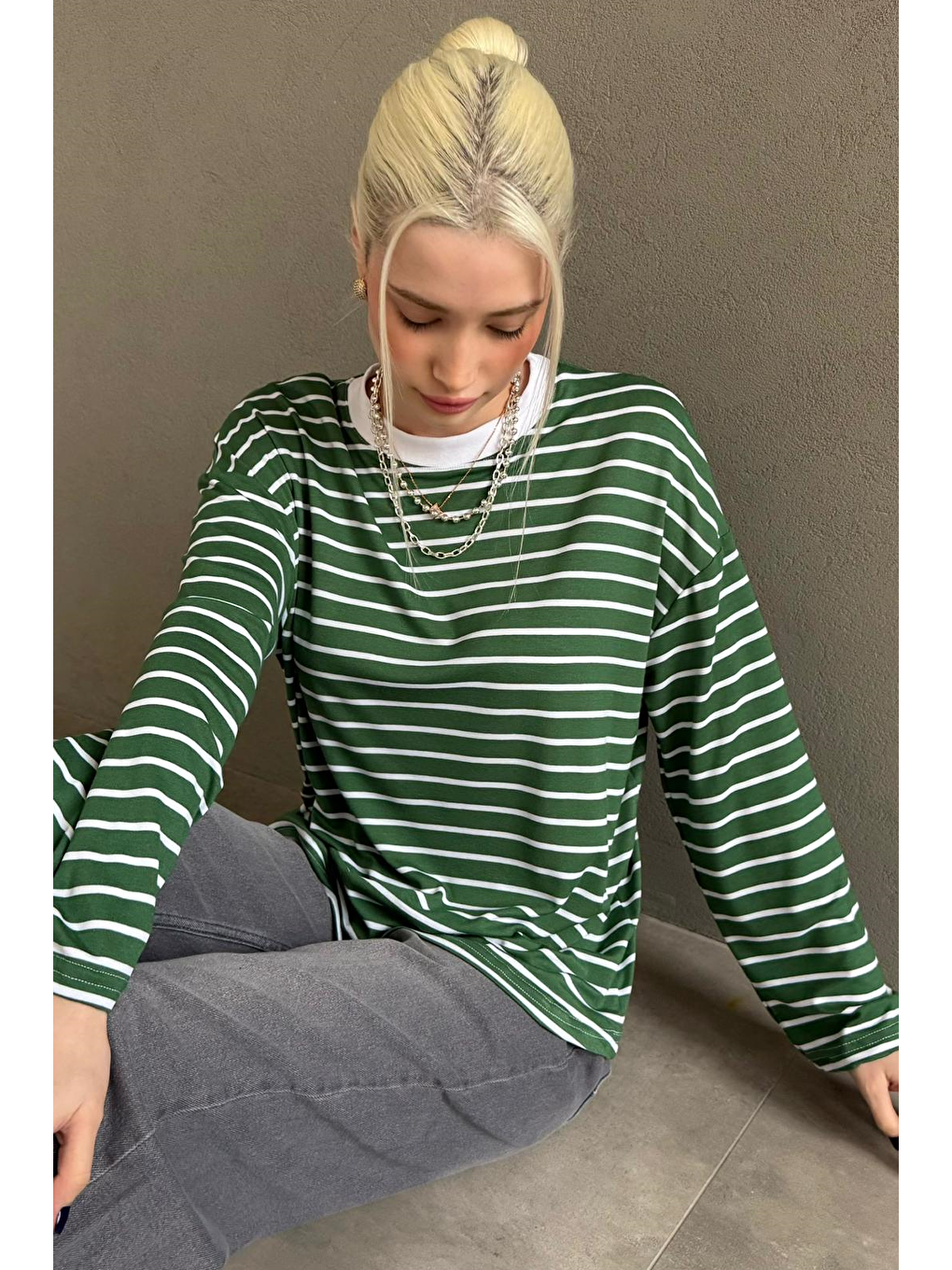 Yeşil Bisiklet Yaka Çizgili Uzun Kollu Tişört Mg2362-5