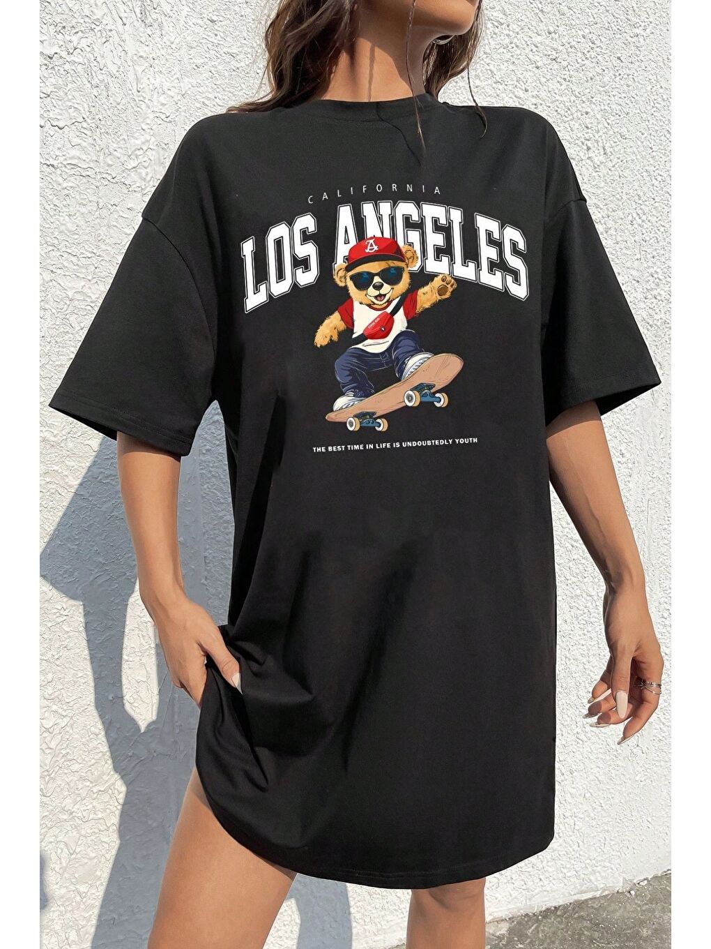 Pamuk Penye 94cm Siyah LosAngeles Baskılı Elbise-1