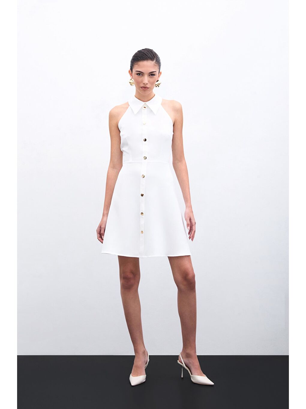 Çıtçıtlı Kısa Elbise - Ekru-1