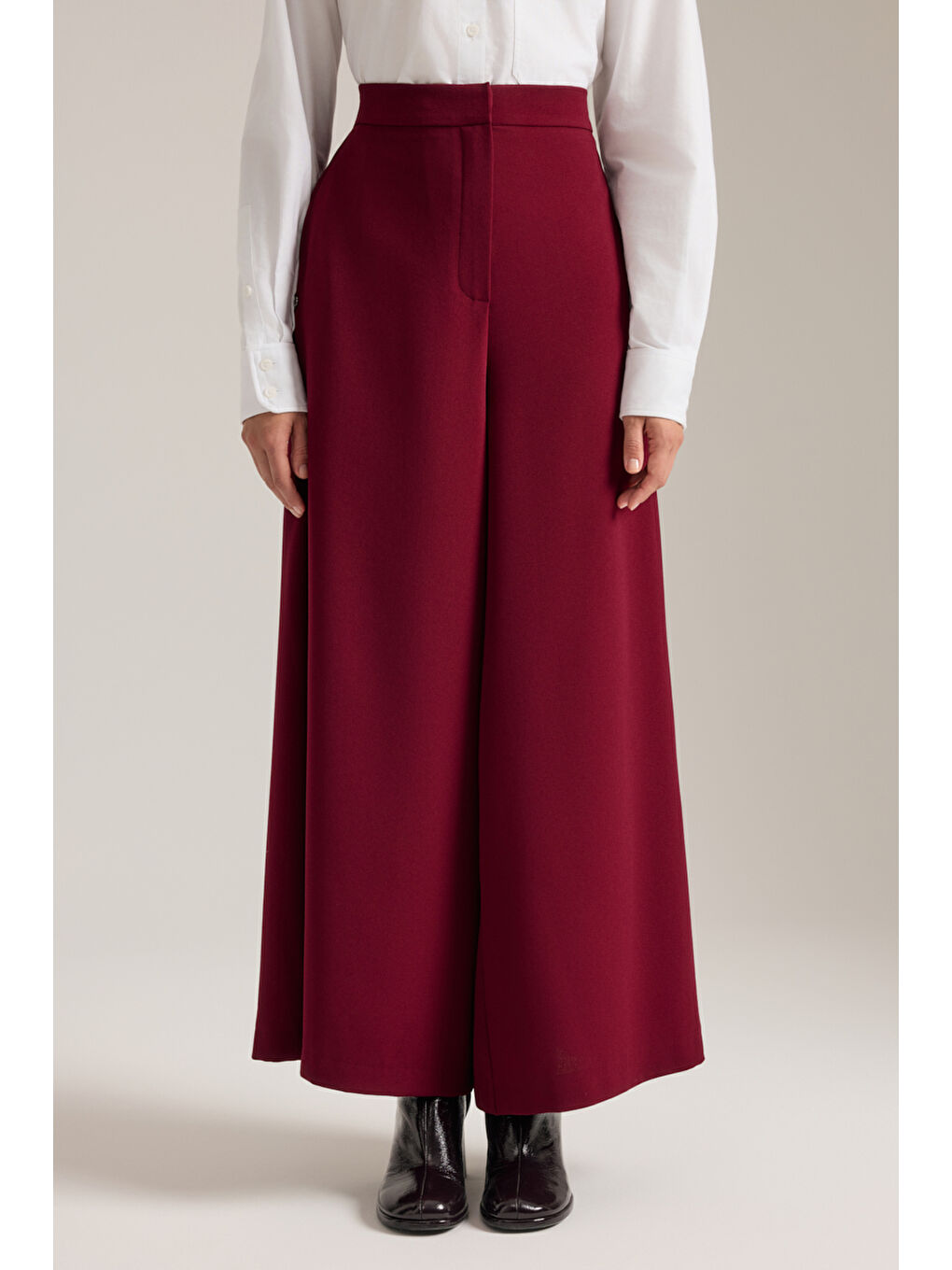 Bordo Beli Lastik Detaylı Dökümlü Pantolon Etek-1