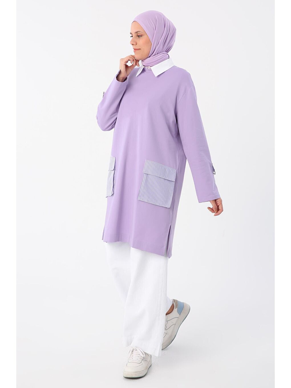 Lila Kolları Apoletli Çizgili Cepli Tunik-2