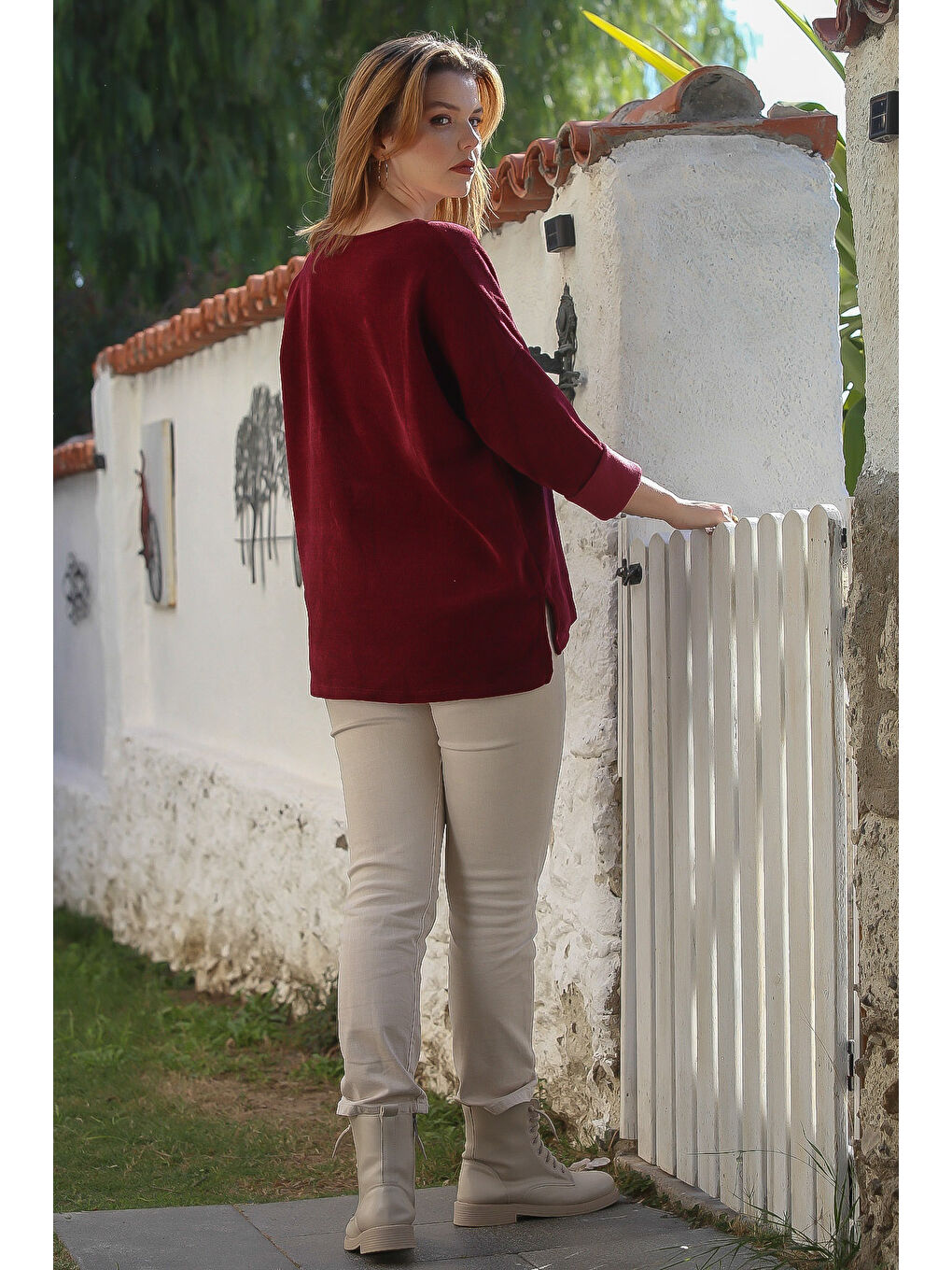 İtalyan Bordo Havuz Yaka Uzun Kol Taşlı Kalp Aplikeli Casual Kadife Dokuma Sweatshirt 74 70-5