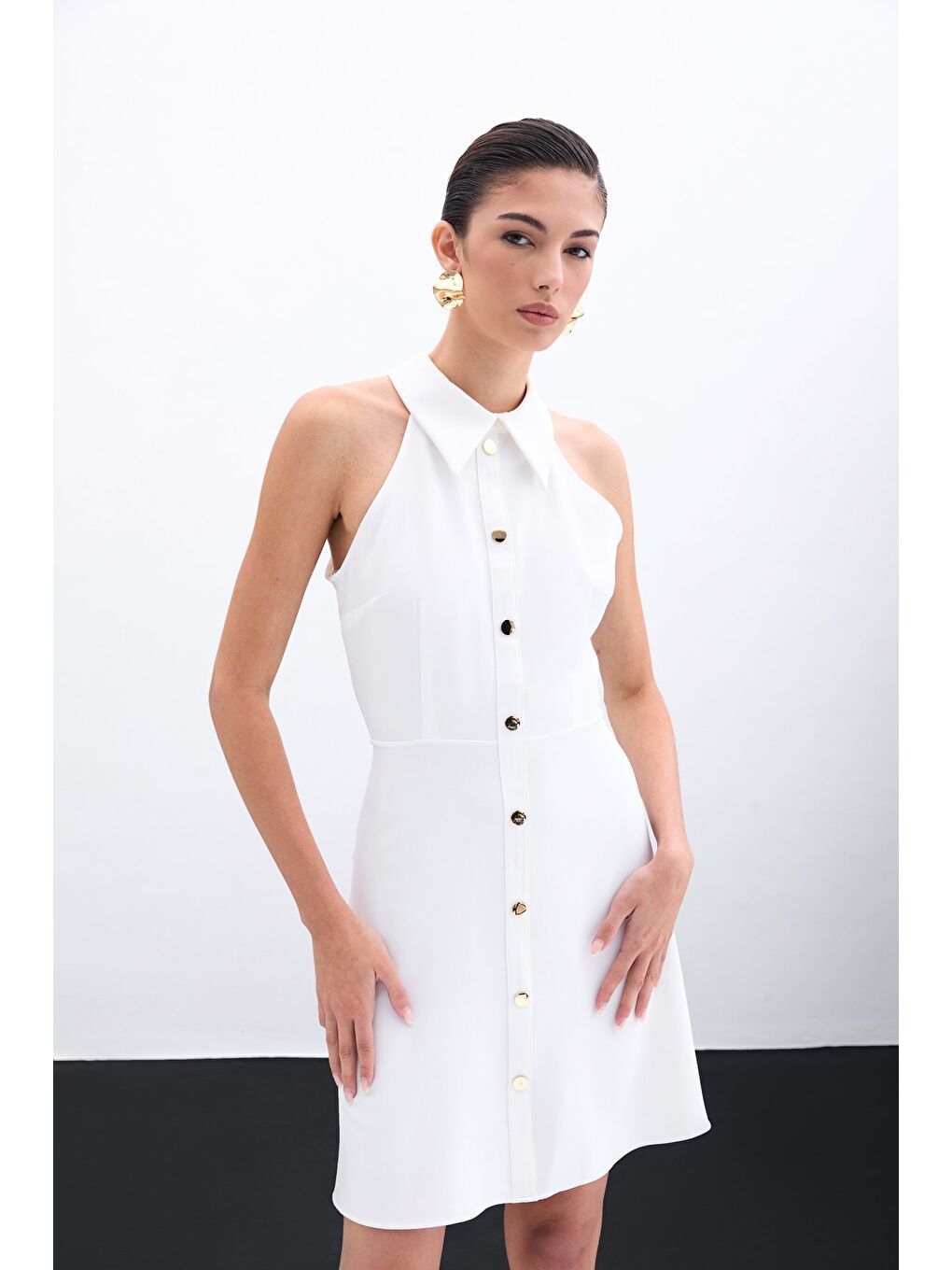 Çıtçıtlı Kısa Elbise - Ekru-2