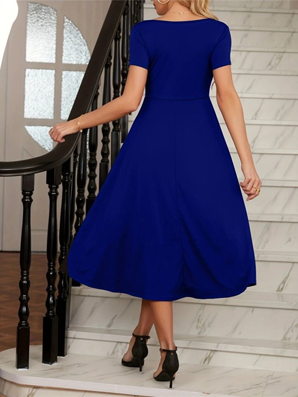 Mavi Kadın Kısa Kollu V Yakalı önden Pileli Midi Janjan Krep Elbise-4