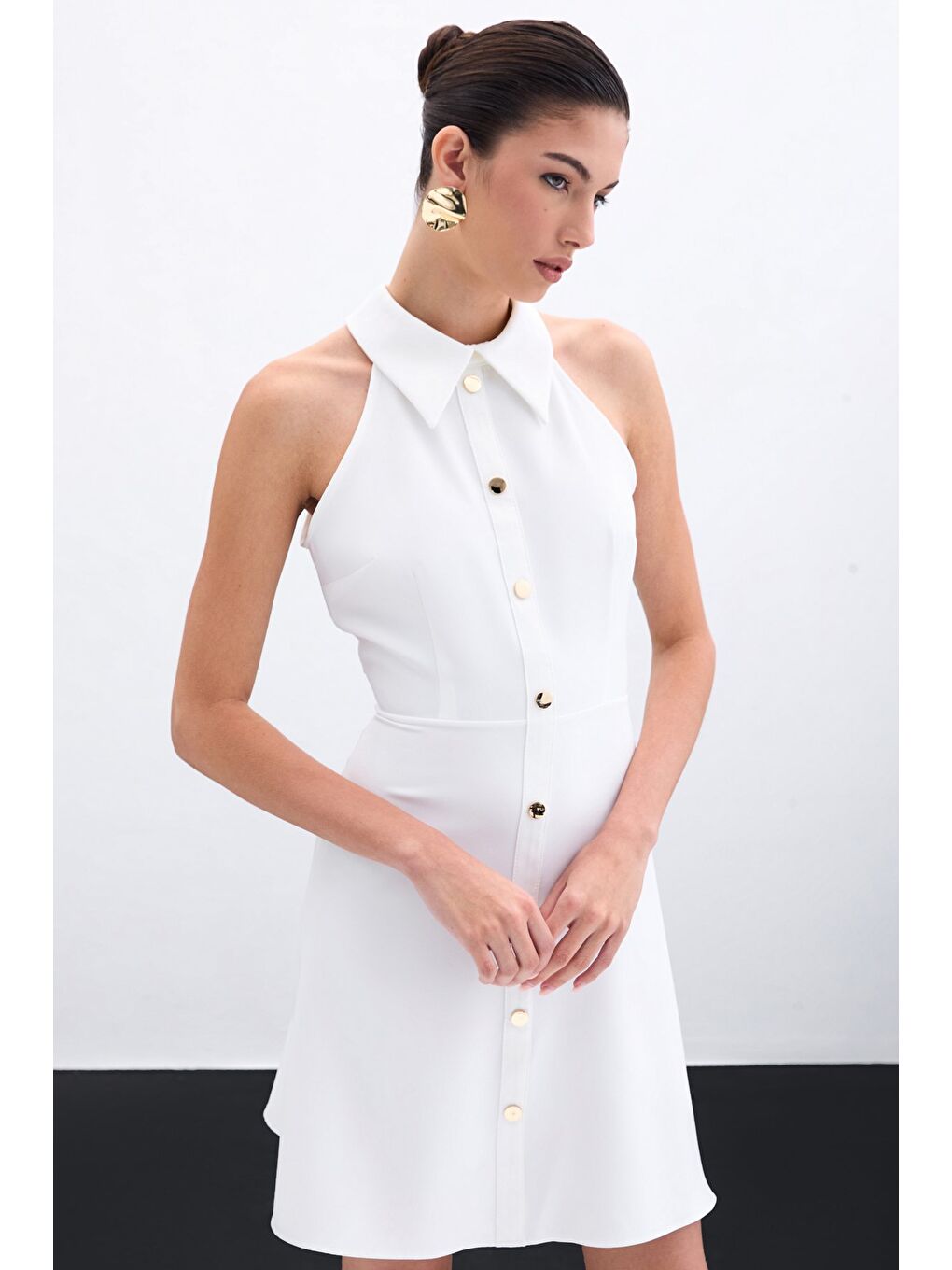 Çıtçıtlı Kısa Elbise - Ekru-3