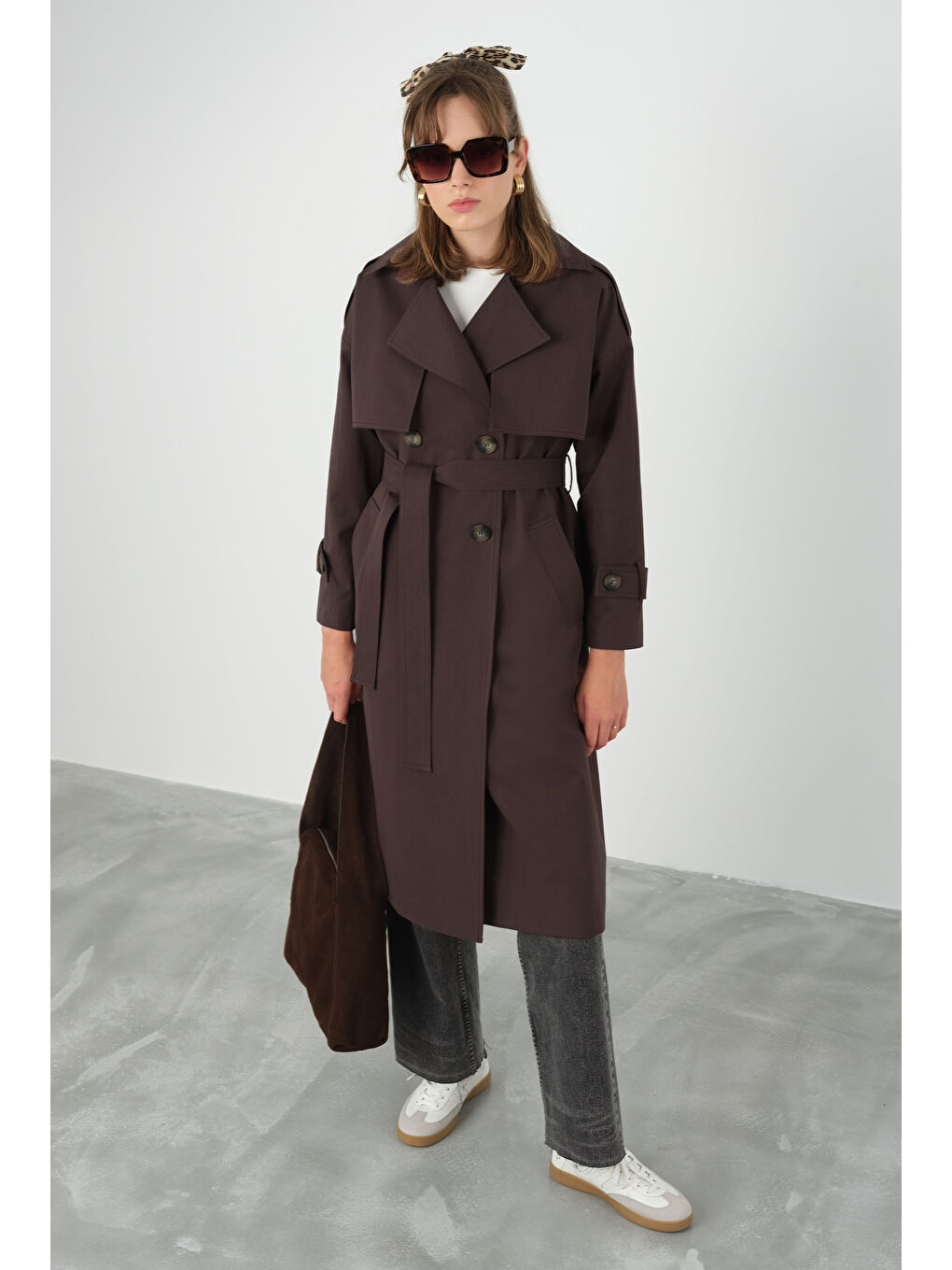 Kahverengi Rüzgarlıklı Klasik Trençkot Acı Kahve