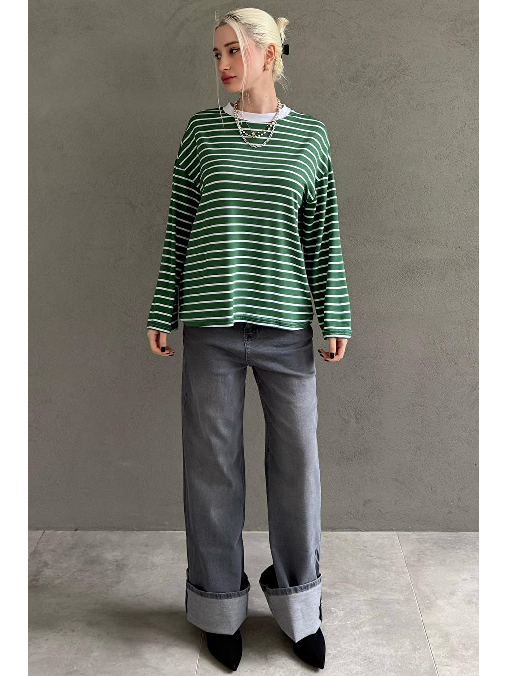 Yeşil Bisiklet Yaka Çizgili Uzun Kollu Tişört Mg2362-7