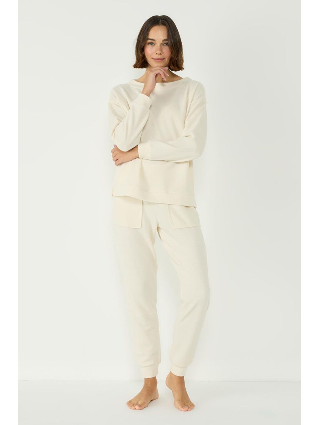 Selanik Yaka Düşük Omuz Uzun Kol Manşetli Cepli Pantolon Takım 405057 Ekru-6