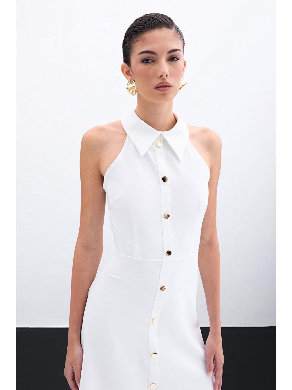 Çıtçıtlı Kısa Elbise - Ekru-4