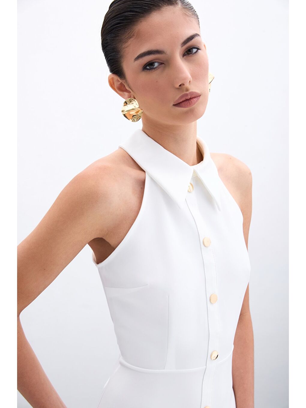 Çıtçıtlı Kısa Elbise - Ekru-5